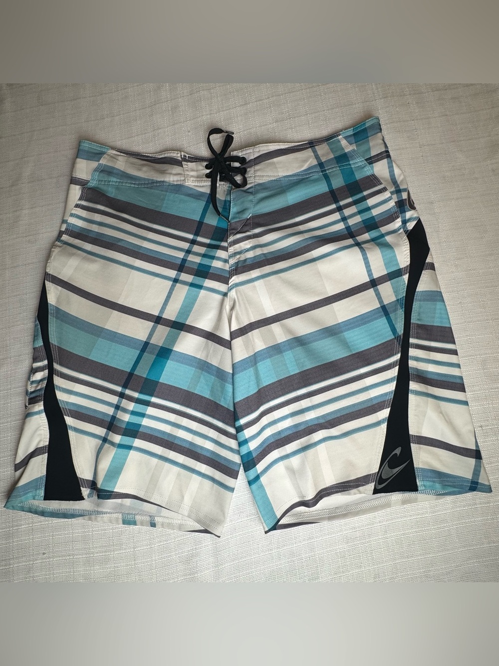 O'Neill Superfreak board shorts blue white gray plaid Bottle Opener Fin Key